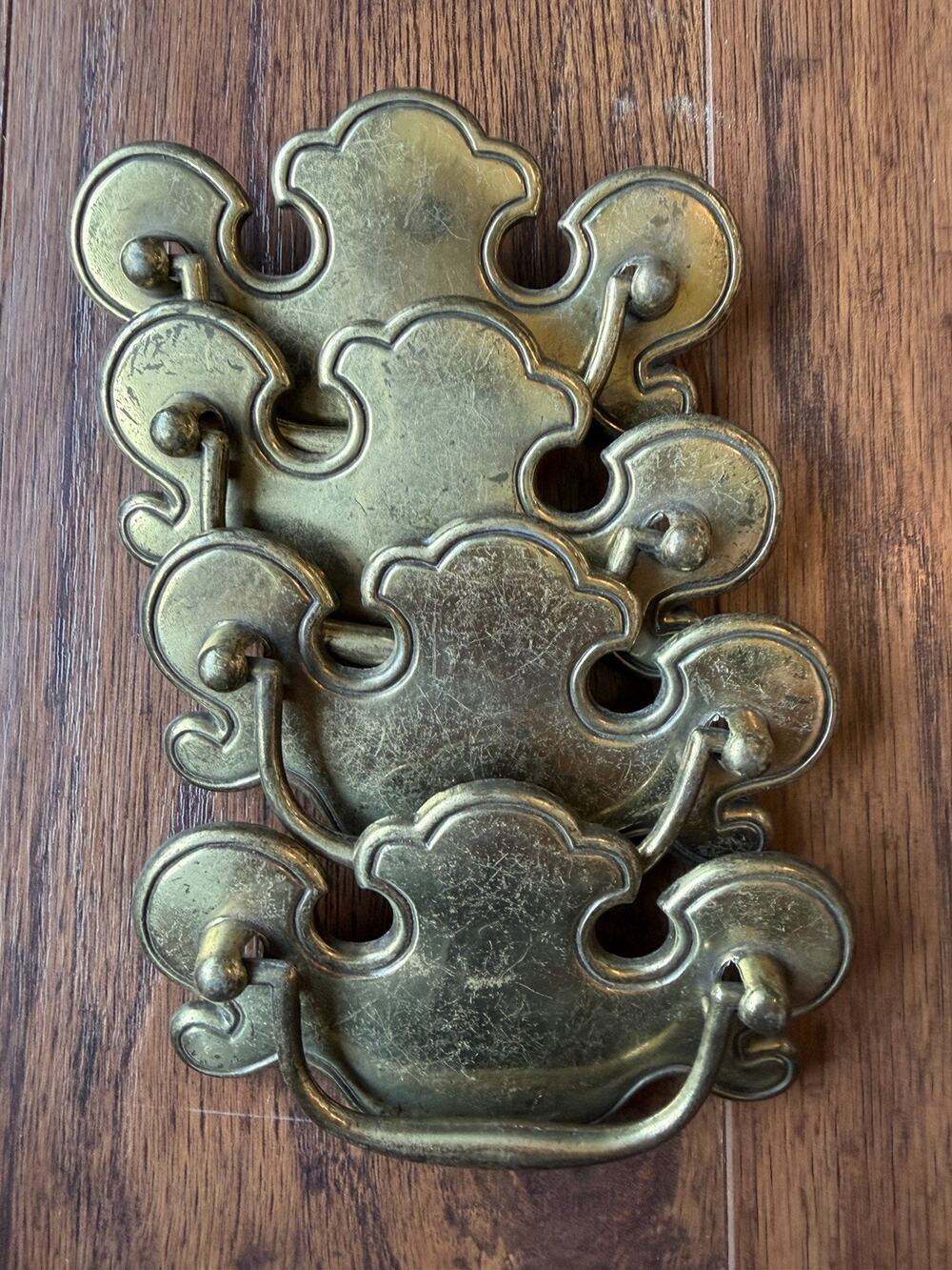Vintage Brass Shell Motif Drawer Pulls Set of 4 Scalloped Bail 4x2.5"